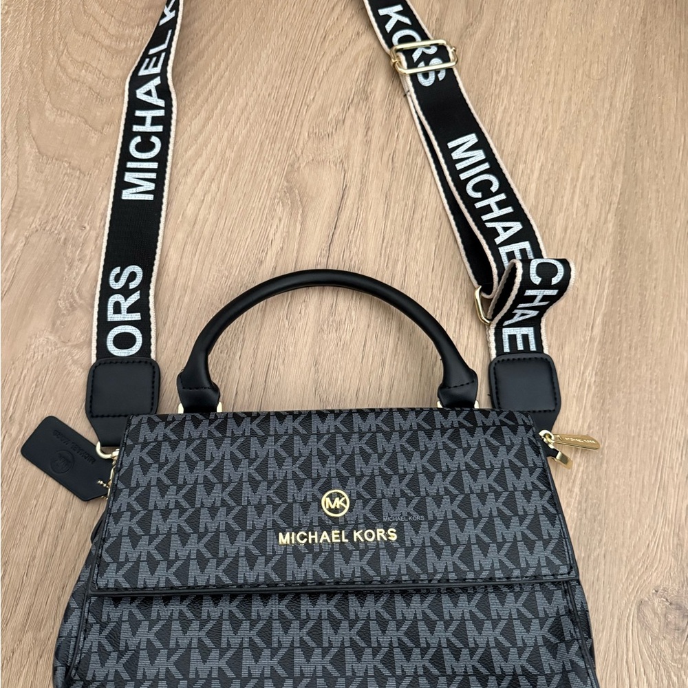 Michael Kors Black and Grey MK Logo Top-Handle Crossbody